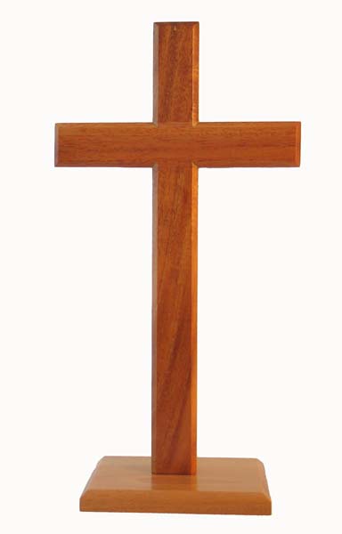 STANDING CROSS 30CM SQUARE BASE NATURAL WOOD