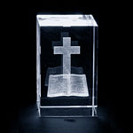 CRYSTAL GLASS BLOCK CROSS AND BIBLE